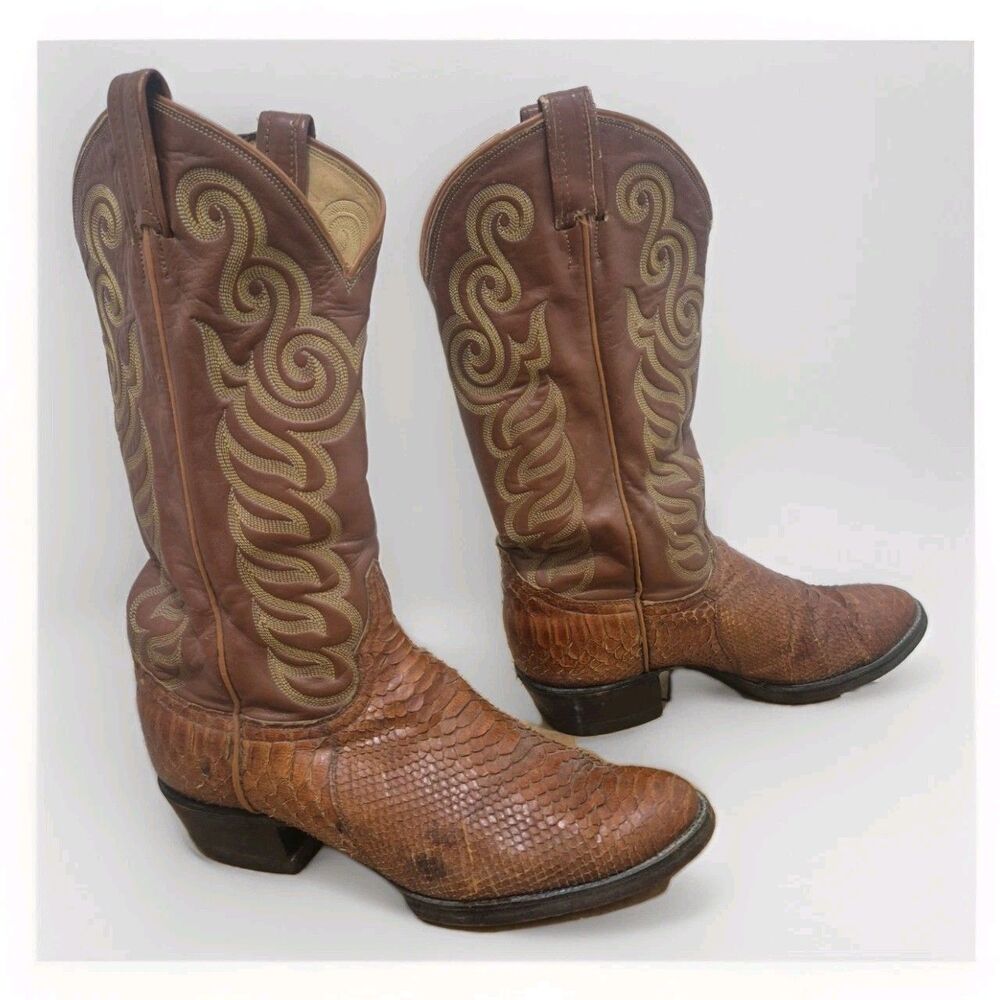 Tony Lama Men's 8.5D Exotic Python Snakeskin Black Label 8113 Brown Cowboy Boots